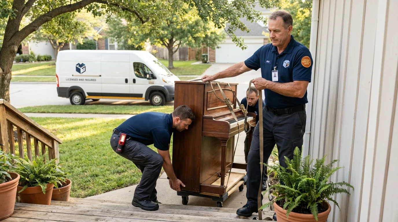 Licensed piano movers securing grand piano in Tipp City, OH