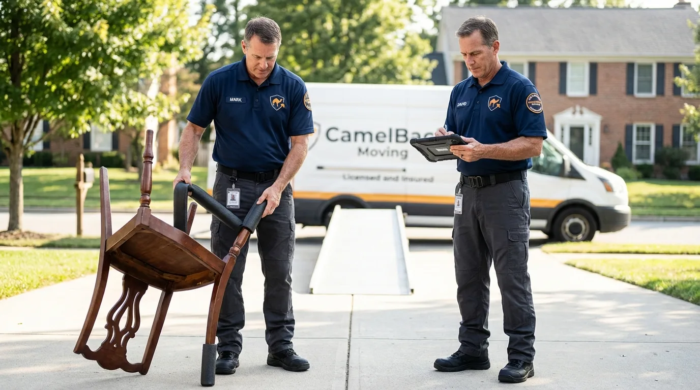 Movers inspecting furniture for damage prevention before loading in Tipp City, OH