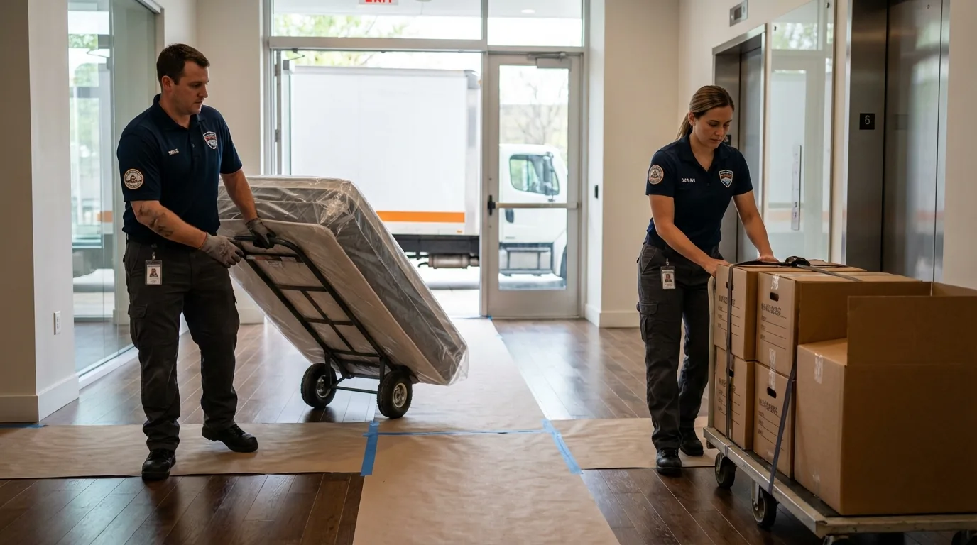 Professional apartment movers loading elevator in Tipp City, OH